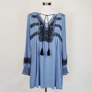 Free People Womens Blue Peasant Dress Long sleeve